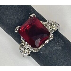 Ruby Red Glass Emerald Cut Statement Ring Size 7 Ornate Silver Tone JS
